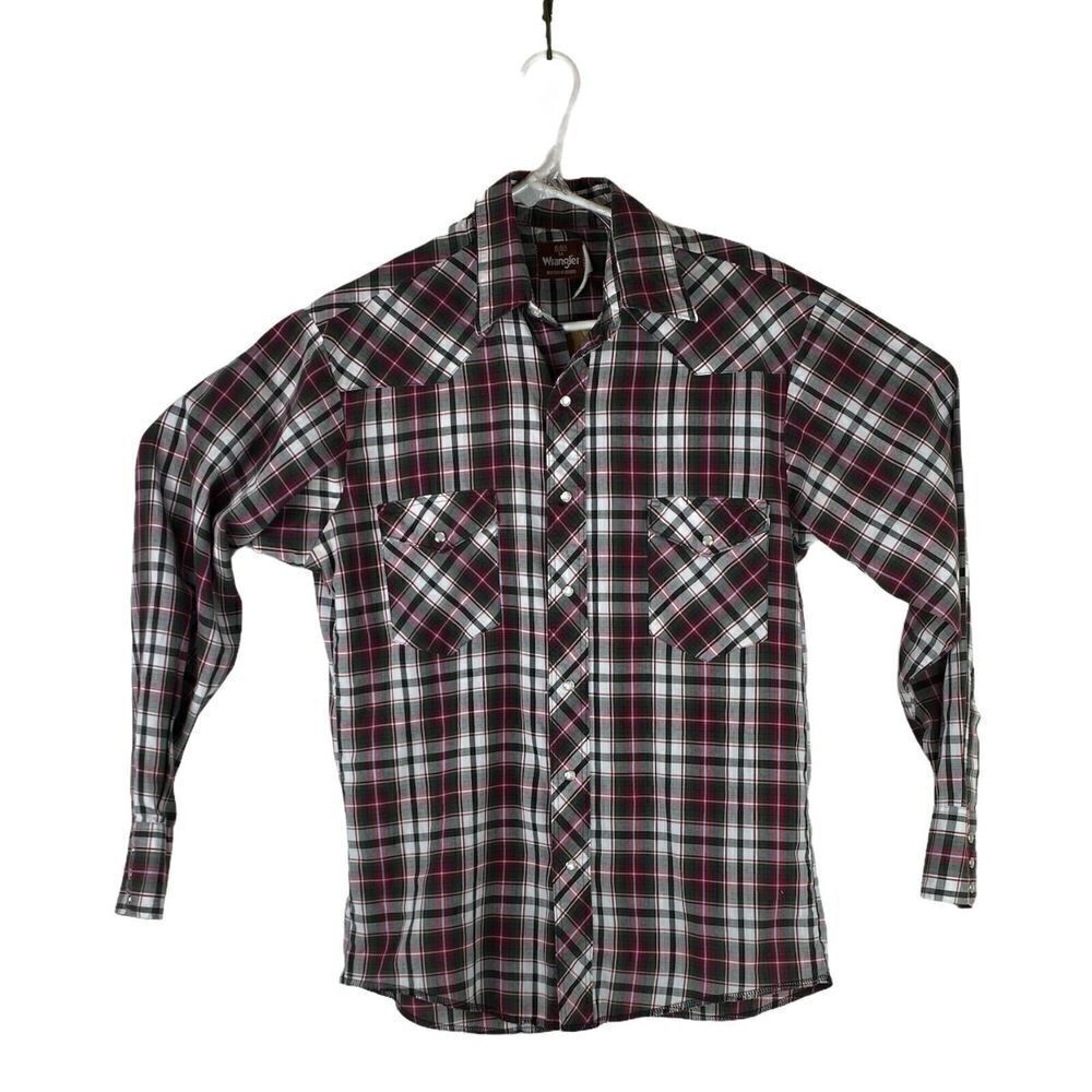 Wrangler Mens Sz Medium Red Green Fashion Western Pearl Snap Plaid Button Shirt